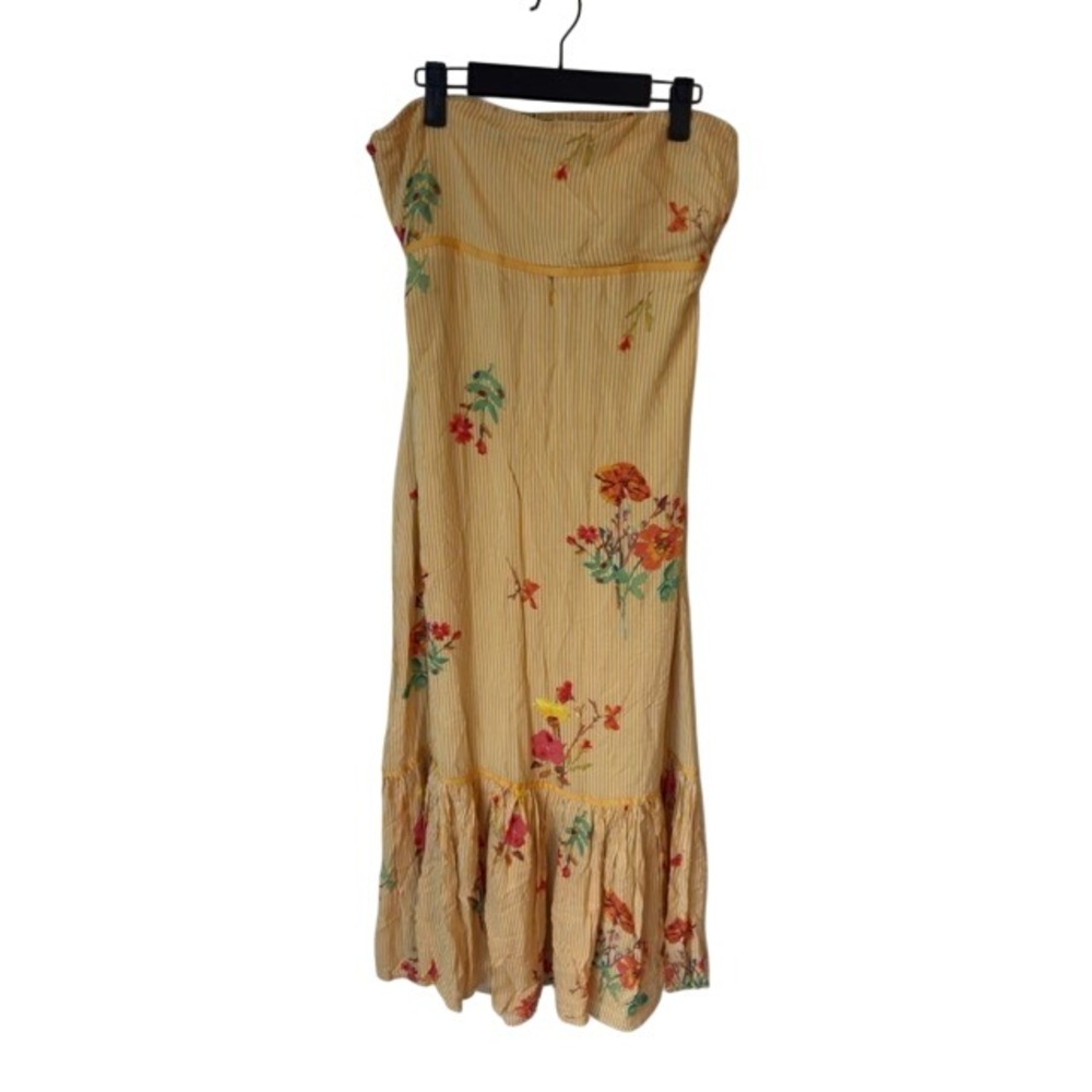 Free People Yellow Striped Floral Strapless Midi Dress Smocked Back Pockets